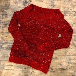 Sparkly red and black sequined cowl neck sweater